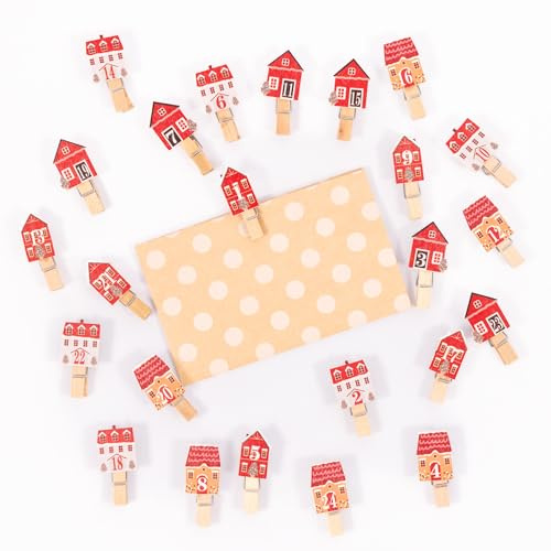24 Wooden Pegs Advent Calendar Numbers - Mini Clips for DIY Crafts, Greeting Cards, Photos, Gift Tags & Hanging Christmas Decorations (Cottages)