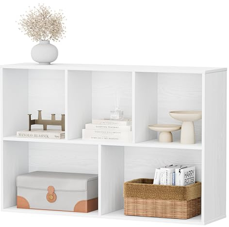 GENGKHAN Wooden Cube Storage Organizer,11in Bookcase with Closed Back Panel，Multifunctional Display Shelf for Living Room, Bedroom, Home Office (Embossed White, 5-Cube 35.98L*9.45W*24.09H)