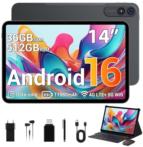 SADSYMB 2026 Tablet 14 Pulgadas con Android 16, 36GB RAM+512GB ROM (Extensión 1TB), Octa-Core, 4G LTE/5G WiFi, Widevine L1, Gemini AI, 11580mAh,13MP+8MP, GPS/Tablet con Teclado(Gris)