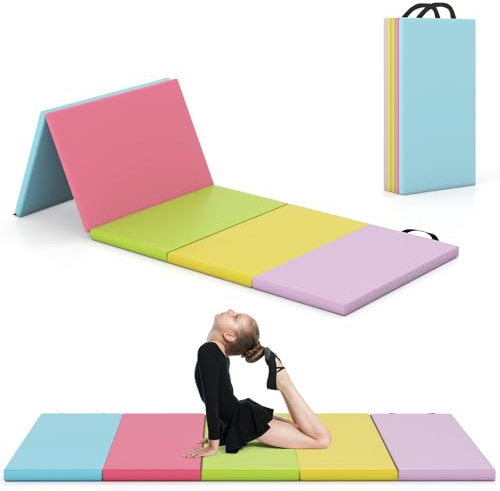 COSTWAY Turnmatte klappbar, 200 x 75cm Weichbodenmatte, Gymnastikmatte 5 fach faltbar aus PU mit Tragegriff, Sportmatte Fitnessmatte zuhause für Kinder Erwachsene (Macaron)