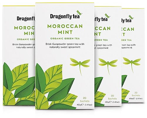 Dragonfly Moroccan Mint Tea | Pack of 4 x 20 Organic Teabags (80 Teabags) | Mint Tea Bags | Green Tea Bag | Reviving & Sweet | Compostable Tea Bags