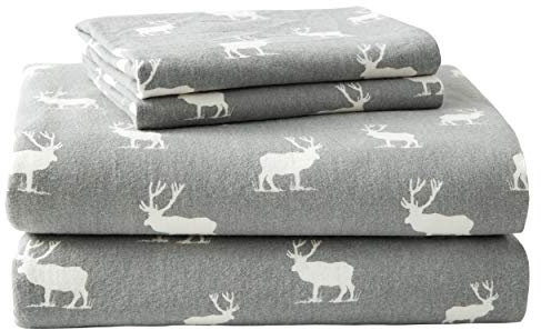 Eddie Bauer Elk Grove Collection - Set di Biancheria da Letto in 100% Flanella di Cotone, 4 Pezzi, Pre-ristretto e Spazzolato per Una Sensazione Ultra Morbida e Accogliente, Matrimoniale, Grigio