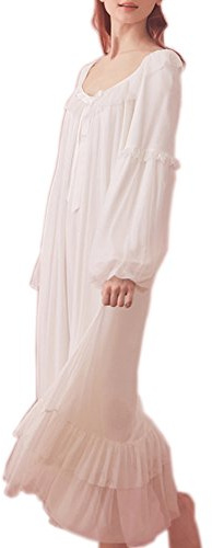 SINGINGQUEEN Women's Vintage Victorian Nightgown Long Sleeve Sheer Sleepwear Pajamas Lace Nightwear Robe (Medium, White)