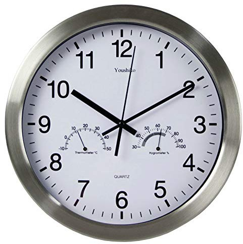 Youshiko Large Bold Quartz Metal Wall Clock with Temprature & Humidity, 12'' Non Ticking Silent Sweeping Seconds, Home/Kitchen/Office/School Clock, Easy to Read