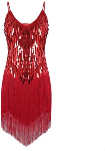 ranrann Vestido de Baile Latino Lentejuelas para Mujer Vestido Flecos de Danza Tango Rumba Salsa Samba Traje de Actuación Fiesta Baile de Salón Rojo Talla Única