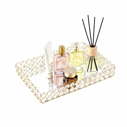 Feyarl Mirrored Crystal Vanity Makeup Tray Ornate Jewelry Trinket Organizer Cosmetic Perfume Bottle Decorative Tray Home Deco Dresser Skin Care Storage (Rectangle 12 x 8)