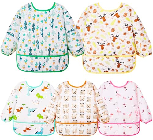 Lictin Lot de 5 bavoirs imperméables à manches longues avec décolleté réglable pour bébés Unisexe (0-24 mois) Multicolore