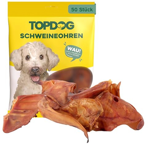 Topdog XL Schweineohren Hunde 50 Stück - Ganze getrocknete Schweineohren für Hunde ohne fettige Muschel - 100% natürlich aus Deutschland - Langanhaltender Kauspaß mit Genuss und Pflege