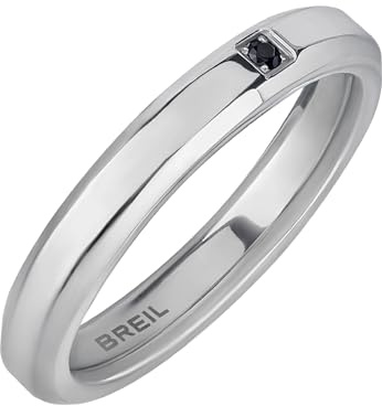 Breil, Anello Uomo Collezione Y, Fedina da Uomo in Acciaio Lucido con Cristallo Nero Incastonato, Anello Maschile dal Design Semplice e Minimal, misura 25