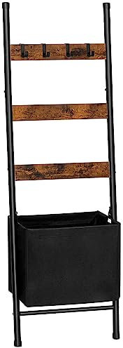 HOOBRO Blanket Ladder with Basket, Towel Rack with Hooks, 44 L x 161 H cm, Blanket Holder Rack, Decorative Ladder Shelf, Drying and Display Rack for Bathroom, Living Room, Rustic Brown EBF31CJ01