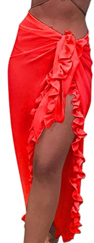 Edhomenn Women Long Beach Sarong Sheer Long Swimsuit Cover Ups Solid Color See-Through Bikini Wrap Skirt Vacation Holiday Beachwear (Red, One Size)