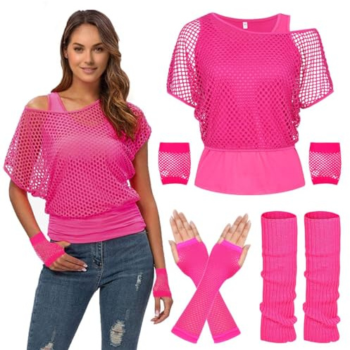 Déguisement années 80 pour femme, débardeur en résille fluo, brassards, gants, accessoires pour soirées à thème années 80 - T-shirt à épaules dénudées en maille rétro pour cosplay