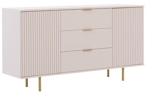 Mirjan24 Kommode Nohes K2D3SZ NE02 mit 3 Schubladen und 2 Türen, grifflose Öffnungssystem, Metallfüße, Schubladen mit Bremse, Wohnzimmerschrank, Anrichte, Mehrzweckschrank (Cashmere)