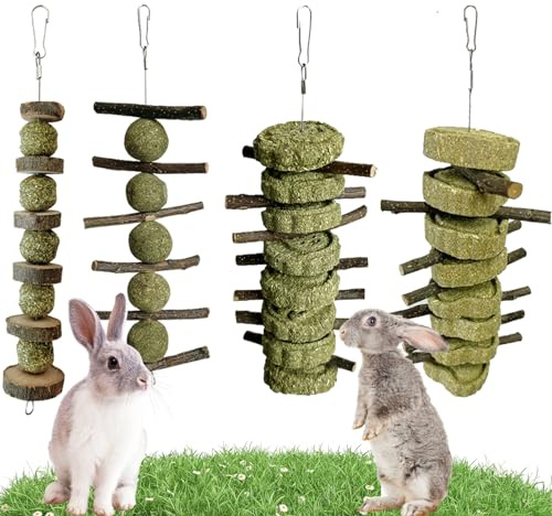 LWINGFLYER 4 Pack Bunny Chew Toys Apple Wood Chews Rabbit Cage Hanging Grass Cake Snack Treat for Teeth Grinding Improve Small Pet Guinea Pigs Chinchillas Hamsters Parrots Dental Health