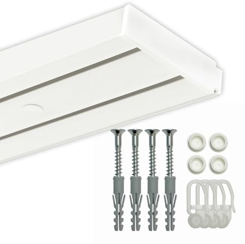 GARDINEUM - 2-läufige Gardinenschiene - 2,80 m (2 x 1,40 m + Verbinder) Vorhangschiene aus Kunststoff, vorgebohrt mit Zubehör