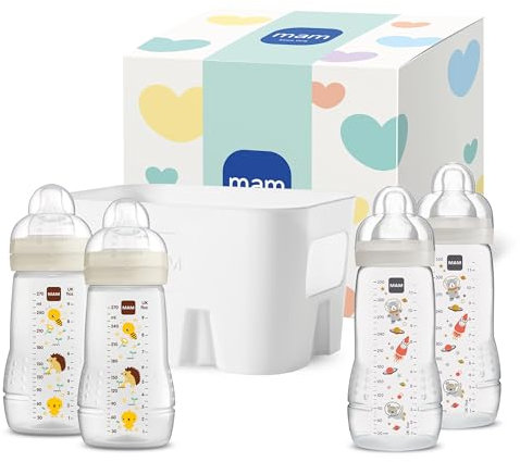 MAM Easy Active Baby Bottle-Set | 0+ Mon | Babyflaschen-Set für Neugeborene | 94% Akzeptanz | stillfreundlich | 2 Trinkflaschen & 1 Flaschenkorb | beige