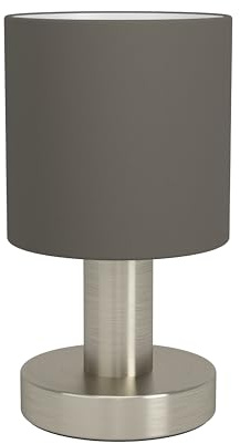Eglo Lampada da tavolo Monetto, piccola lampada decorativa elegante per soggiorno, camera da letto, comodino, argentata, con paralume in tessuto color cappuccino, attacco E14, altezza 18 cm