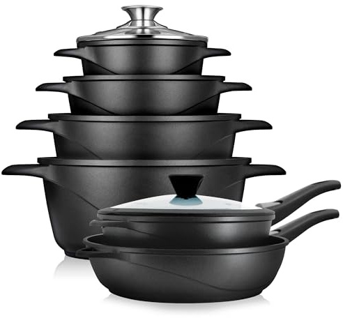briebe Batería Cocina Inducción 12 Piezas, Juego 4 Ollas Aluminio Fundido + 2 Sartenes, Antiadherente ILAG GRANITEC sin PFOA, Set Cazuelas Tapas Cristal, Guantes Silicona, Vitrocerámica, Gas, Horno