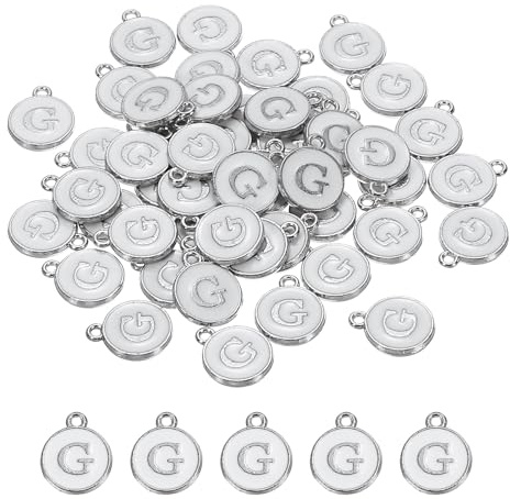 QUARKZMAN Alfabeto G Ciondolo Lettera Smaltata Ciondolo Gioielli Iniziale Smalto Alfabeto Ciondoli per Collane Bianco per Creazione Gioielli Braccialetti Artigianato, 50Pz