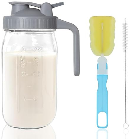 ZhouZGlass 32oz Glass Pitcher with Lid, 1 Quart Breastmilk Pitcher Double Leak Proof, Creamer Container for Sun Tea, Juice, Cold Brew Coffee, Breastmilk Storage Container