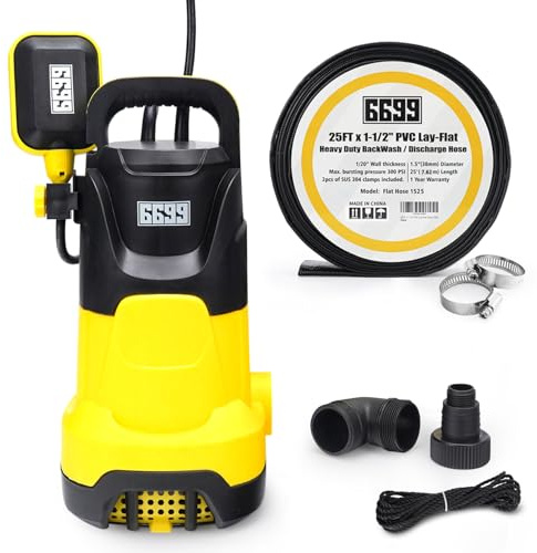 6699 1.5 HP Submersible Water Pump with 25FT x 1-1/2 PVC Lay Flat Hose