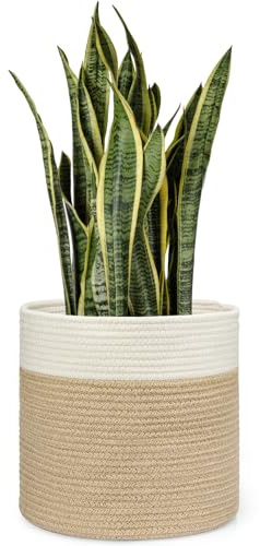 Dahey Jute Spliced Cotton Rope Plant Basket Modern Woven Storage Basket for 12 Floor Indoor Planter, Decorative Flower Pots Cover Laundry Bin with Handle Rustic Home Decor, White and Beige