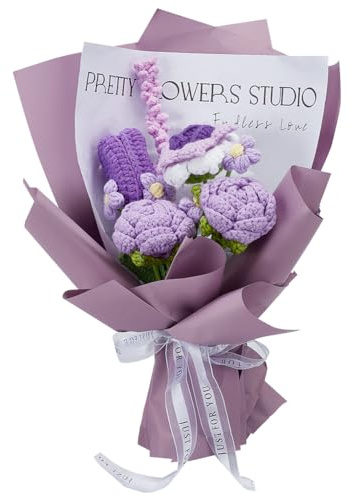 INFUNLY Set di 9 bouquet di fiori all'uncinetto viola completo fatto a mano con rose e tulipani, bouquet misti artificiali lavorati a maglia, per compleanno, laurea, anniversario, matrimonio