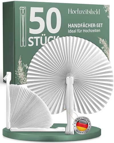 HOCHZEITSHELD Fächer Hochzeit 50 Stück - Faltbare Handfächer zur Erfrischung der Gäste - Papierfächer Hochzeit als Hochzeitsdeko & Standesamt Deko, Weiße Fächer als Hochzeit Deko & Hochzeitsgeschenk