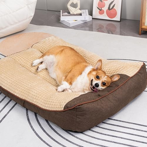 DUOLEH Lit Apaisant Comfy pour Chien et Chat Orthopedique, Grande de Forme Canapé Coussin Chien Dehoussable, Lit pour Animaux Anti-anxiété, Panier Animaux Antidérapant (80x64x18cm,Marron)