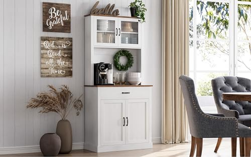 Garvee Armoire de Cuisine Haute 180cm avec Support Micro-Ondes | Bibliothèque/Meuble de Rangement Design Blanc en Panneaux de Fibres