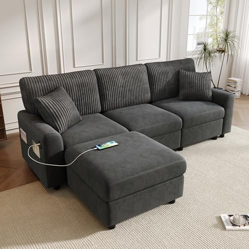 DHHU Canapé d'angle Convertible en L avec Pouf, Canape 3 Places avec Poches latérales,2 Coussins, USB, canape Dangle Convertible pour Petits Appartements, Studios et lofts,Noir