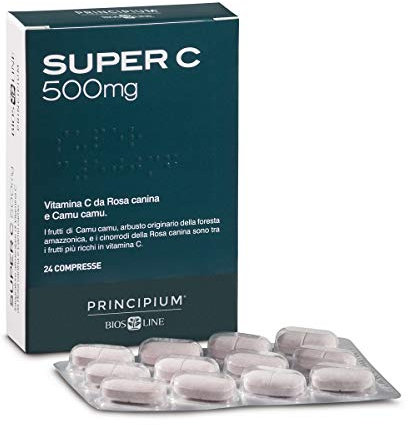 BIOS LINE Principium Super C 500mg, Integratore Alimentare di Vitamina C da Rosa Canina, Antiossidante, Supporto al Sistema Immunitario, Senza Glutine e Lattosio, Vegan, 24 Compresse