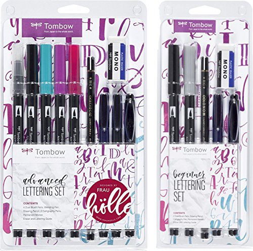 Tombow LS-ADV Lettering Set Advanced 9 Stifte + Radierer, inkl. Anleitung + Lettering Set Beginner 5 Stifte mit Radierer designed von Frau Hölle