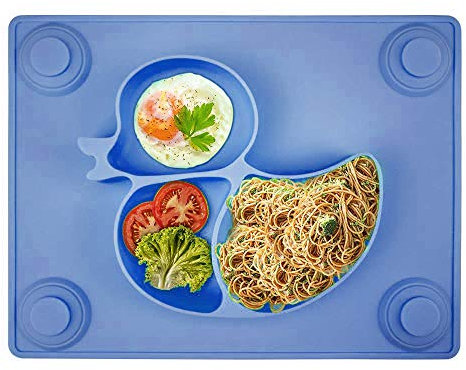 Plato infantil con ventosa, de silicona, antideslizante, para niños y niños, para la mayoría de mesas de comedor y bandejas para tronas, 26 x 20 x 3 cm, color azul