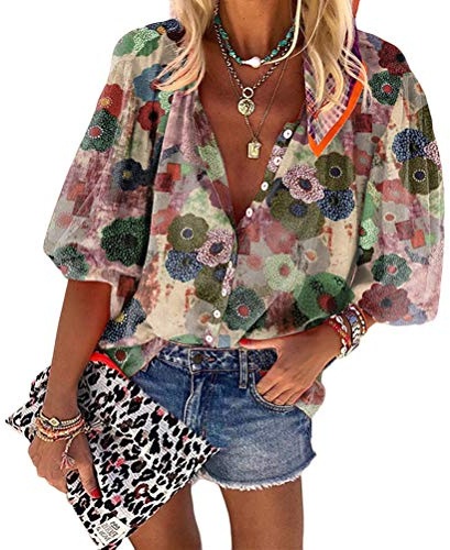 Onsoyours Blouse Femme Chemisier Manche 3/4 Top Chemise Tunique Haut Col V Lâche Fluide en Mousseline T Shirt Automne Printemps Été A Rouge M