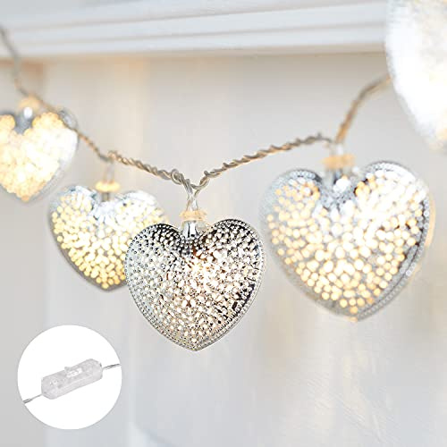 Lights4fun 2.8m Silver Filigree Metal Heart Fairy String Lights – 20 Warm White LED Plug-in Lights with Timer and Rocker Switch for Bedroom, Home Décor and Indoor Use