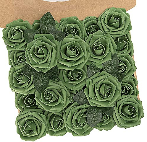N&T NIETING Rose decorative con steli, 25 fiori artificiali per fai da te, matrimoni, San Valentino, centrotavola, tavoli da festa, mazzi di fiori, decorazione per la casa, verde