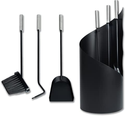 Froadp Set di Attizzatoi per Caminetto Manico in Acciaio Inox da 4 Pezzi Accessori per Caminetti Moderni con Pinze Pale Bastoni da Ardere Spazzole Piedistallo Rotondo per Caminetti da Interno (Noir)