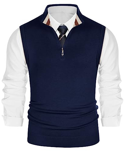 PJ PAUL JONES Mens Sweater Vest Quarter Zip Contrast Stripes Stand Collar Sleeveless Pullover Knitwear Navy Blue Medium