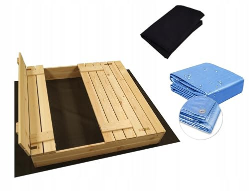 Sabbiera 120 x 120 cm, non impregnata, sandbox di alta qualità con copertura, in legno, parco giochi per bambini, telone aggiuntivo, 120 x 120 cm