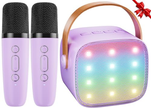 Karaoke Maschine Kinder Mini Karaoke Maschine mit 2 Mikrofonen Bluetooth-Lautsprecher mit LED-Lichtern und Stimmenverzerrer, Geschenk für Mädchen 3, 4, 5, 6, 7, 8, 9,10,11,12+ Jahre (Lila)