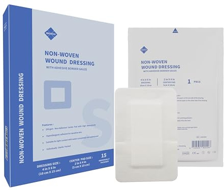 NBLEISHI Sterile Non Woven Island Wound Dressing 4 X 6 inch,Extra Large Cover with Adhesive Bordered Gauze Pads,Breathable and High Absorbent Non-Stick Center pad,Latex Free, 15 Individually Pack