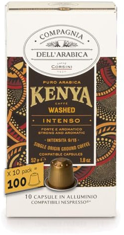 Caffè Corsini - Kenia 100 Cápsulas Café Compatibles Nespresso, 100% Arábica, Intensidad 9/13, 10 Cajas de 10 Cápsulas, 520g