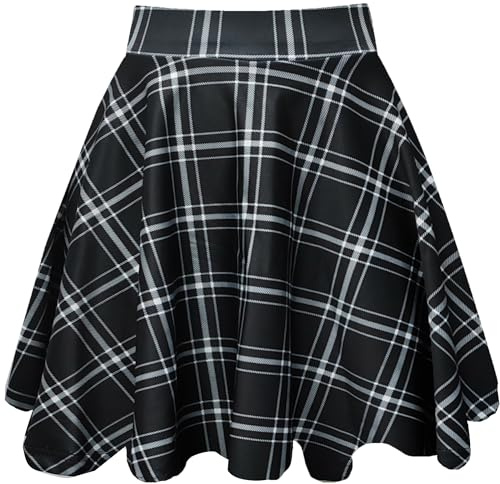 THHGPO Women's Casual Basic Skirts Flared Skater Mini Skorts A Line Elastic Waist Skirt with Built-in Shorts Black White Plaid XL
