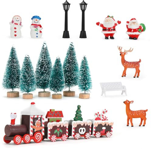 16 Mini Figure Natalizie, Mini Albero Trenino di Natale, Pupazzo Di Neve, Babbo Natale, Artificiale per Albero di Natale, Ornamenti In Miniatura, Figure Natalizie per Della Tavola Vetrine Fai Da Te