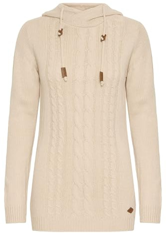 OXMO OXCable stickad tröja för kvinnor, grovstickad tröja med huva, dragsko, ribbade muddar normal passform, Cementmelange (1407081), L
