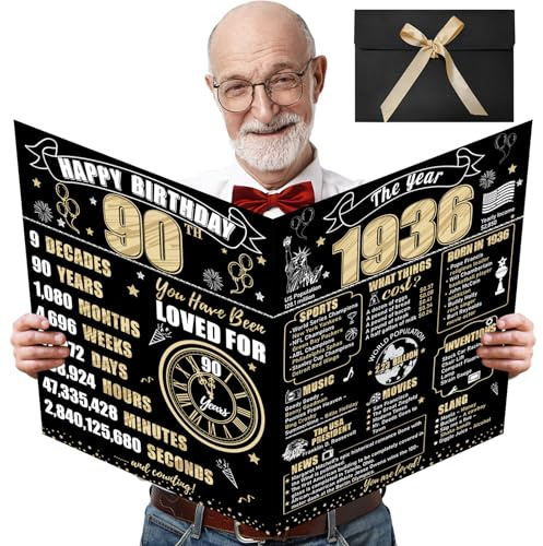 Turypaty Large 90th Birthday Card With Envelope for Men Women, 1936 Black Gold Happy 90th Birthday Giant Guest Signature Book Gifts, Big Vintage 1936 90 Greeting Card Decoration Party Supplies