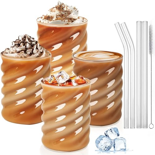 SILRIVES Juego de 4 vasos de burbujas con pajitas de cristal, 350 ml, vasos de café helado, vasos de café helado, vasos de café helado, vasos de matcha, vasos de cóctel, vasos de café, vasos largos