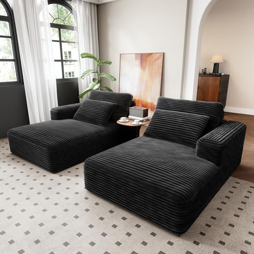 LIKIMIO 93 Double Chaise Lounge Sofa Bed - Plush Corduroy, No Assembly, Deep Seat Cloud Couch for Living Room, Home Theater (Black)