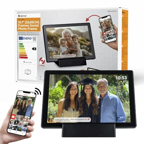 Denver PFF-1070B | 10,1 tums digital Wi-Fi bildram med batteri | HD IPS pekskärm | FRAMEO-app och 16 GB minne | svart
